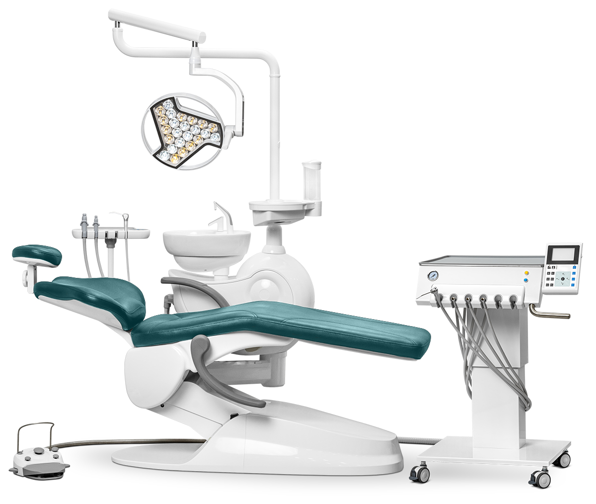 Стоматологическая установка Safety M2 с подкатным блоком с 24-диодным светильником, Темный изумруд