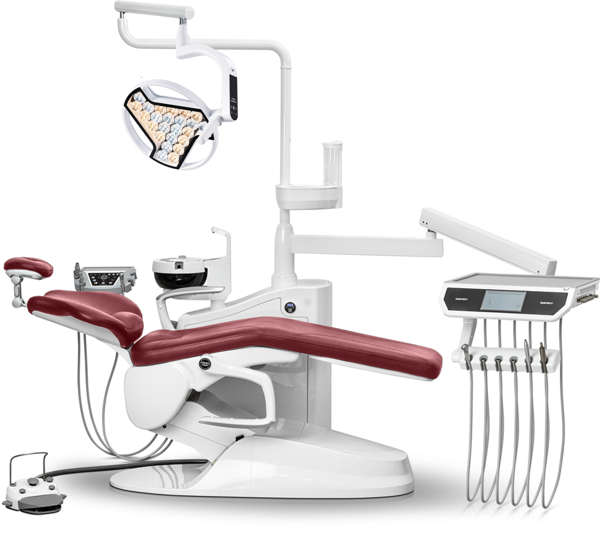 Стоматологическая установка Safety M8 нижняя подача с 24-диодным светильником, Бордовый